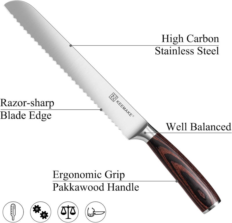 KEEMAKE Bread Knife for Homemade Bread, 8" Sourdough Bread Knife Serrated with Ultra Sharp High Carbon Stainless Steel Blade, Cutting Slicer for Bread Cake Fruit, Ergonomic Handle, Gift Box Included - Image 3
